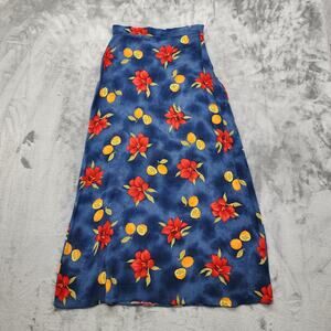 Vintage Pimkie Skirt Womens S Blue Floral Lemons Maxi Flowy Viscose Side Zip